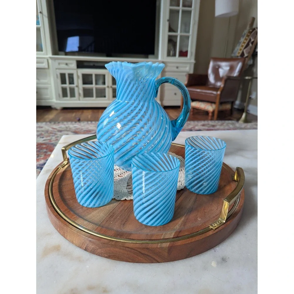 Vintage Pitcher Set Blue Hobbs Brockunier No 325 Opalescent Swirl